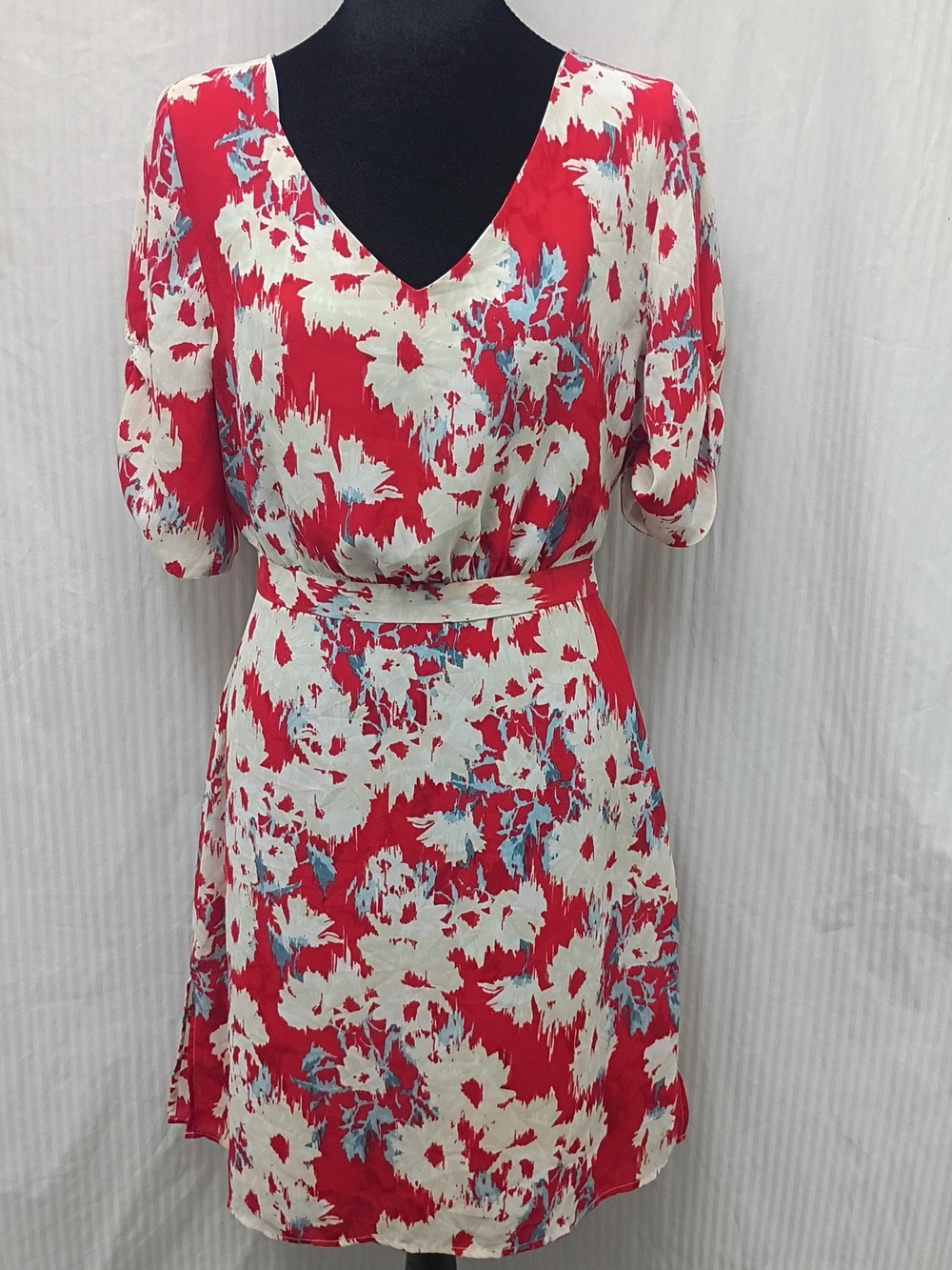 Paper Crown Red Floral V-Neck Mini Dress with Cream and Light Blue Accents 6